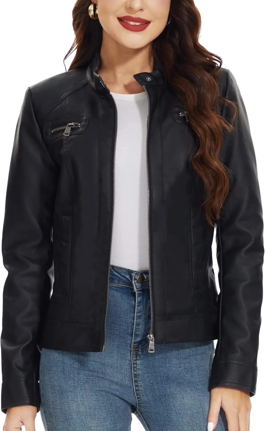 Fahsyee Zip Leather Jackets for Women Motorcycle Faux PU Moto Biker Outwear Coat