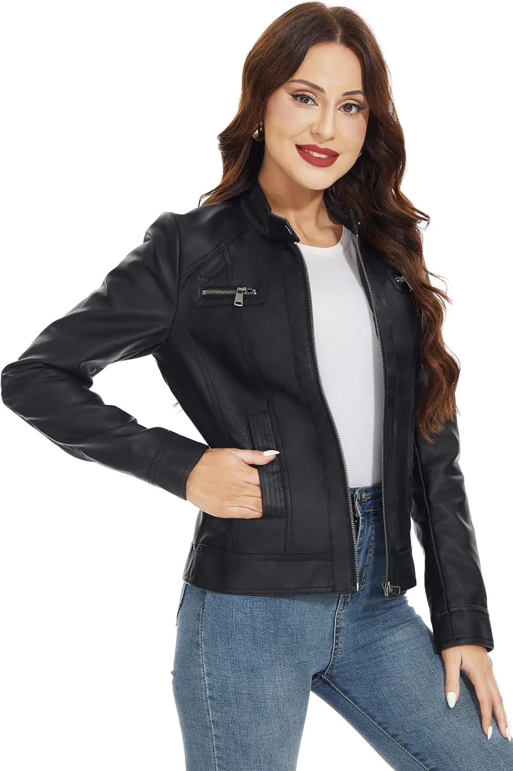 Fahsyee Zip Leather Jackets for Women Motorcycle Faux PU Moto Biker Outwear Coat