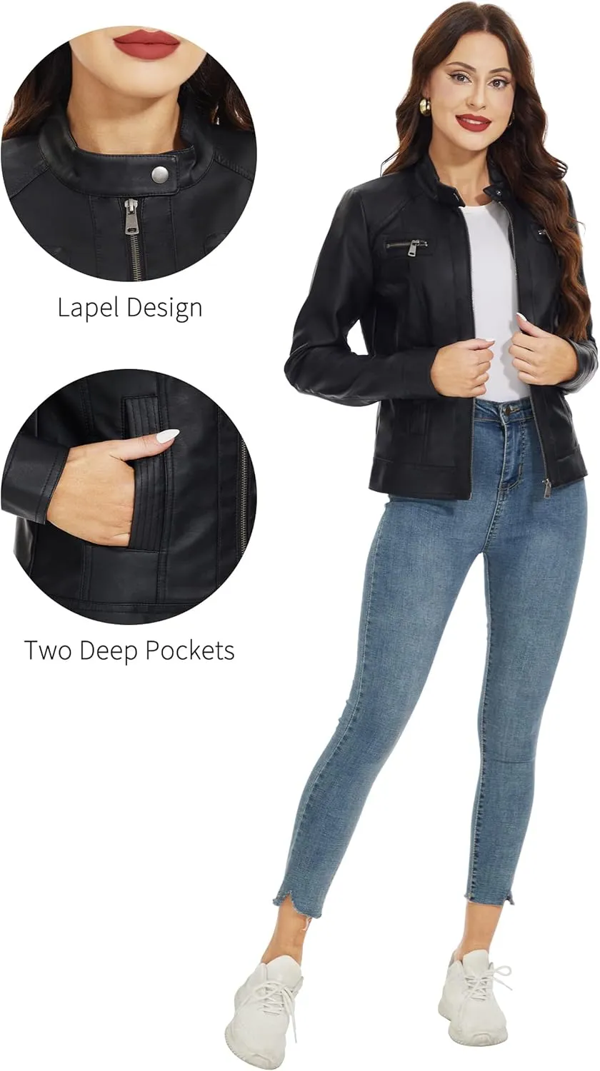 Fahsyee Zip Leather Jackets for Women Motorcycle Faux PU Moto Biker Outwear Coat