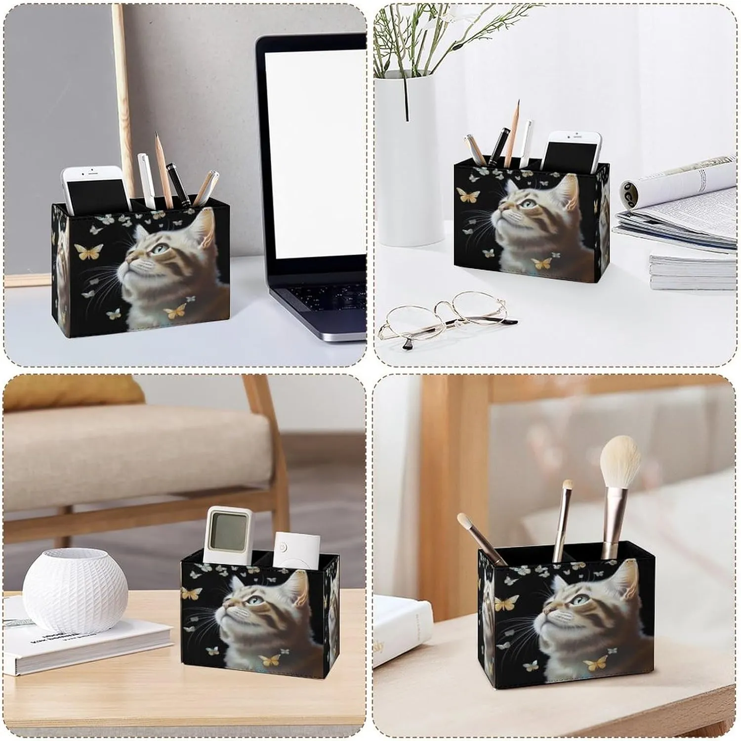 Famame Butterflies Around Cat Pencil Holder for Desk, Leather Desktop Container Pen Cup Storage Study Table Pen Organizer Makeup Brush Holder for Classroom Office Home