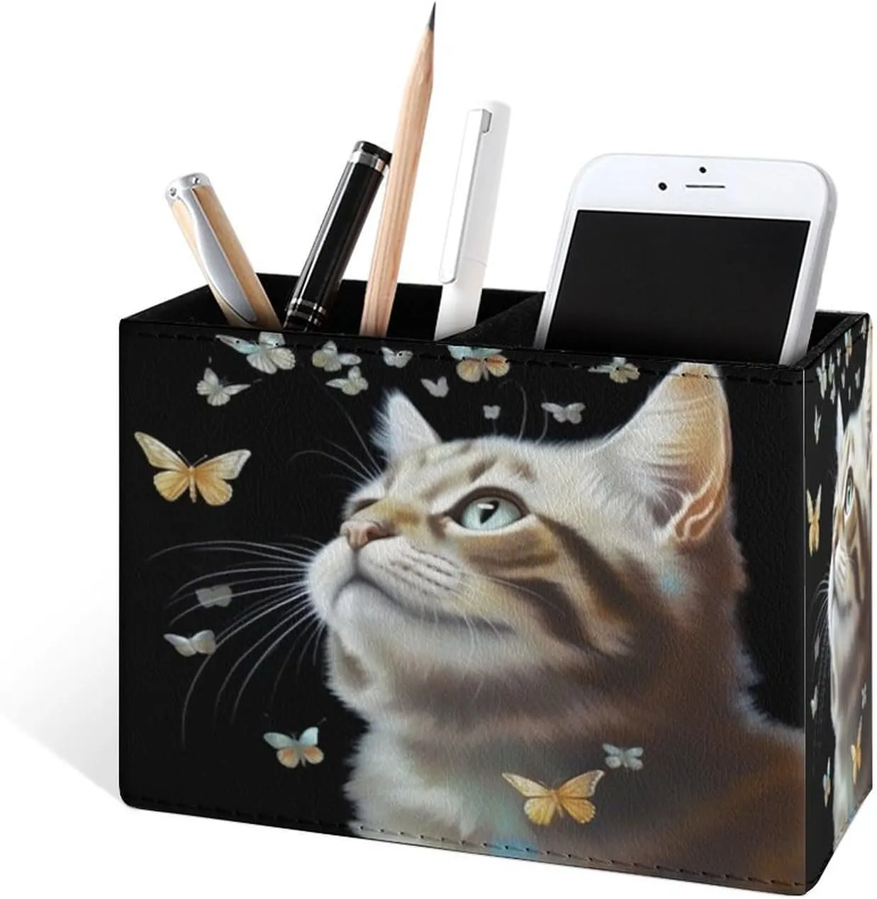 Famame Butterflies Around Cat Pencil Holder for Desk, Leather Desktop Container Pen Cup Storage Study Table Pen Organizer Makeup Brush Holder for Classroom Office Home