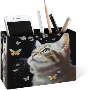 Famame Butterflies Around Cat Pencil Holder for Desk, Leather Desktop Container Pen Cup Storage Study Table Pen Organizer Makeup Brush Holder for Classroom Office Home