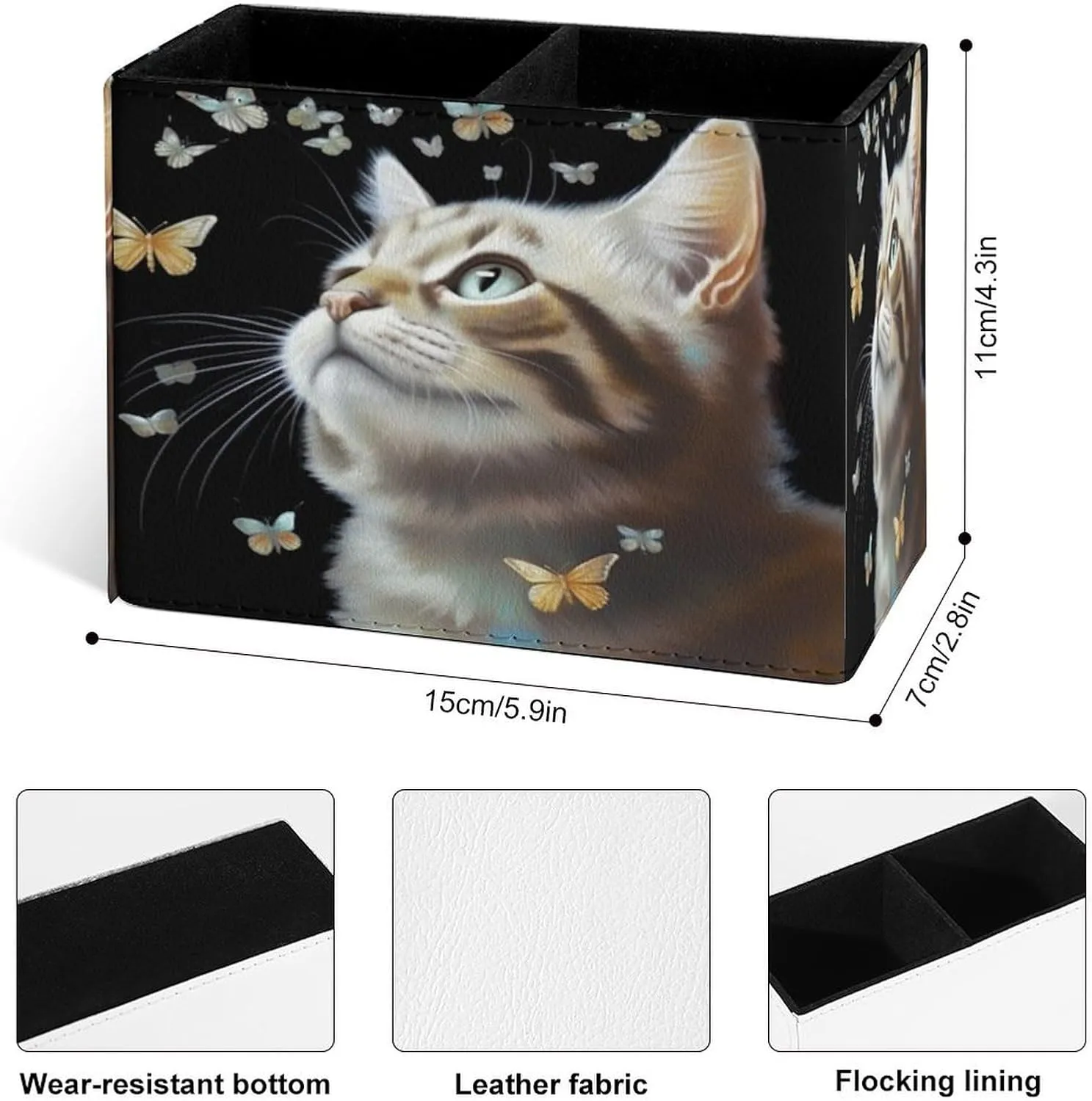Famame Butterflies Around Cat Pencil Holder for Desk, Leather Desktop Container Pen Cup Storage Study Table Pen Organizer Makeup Brush Holder for Classroom Office Home