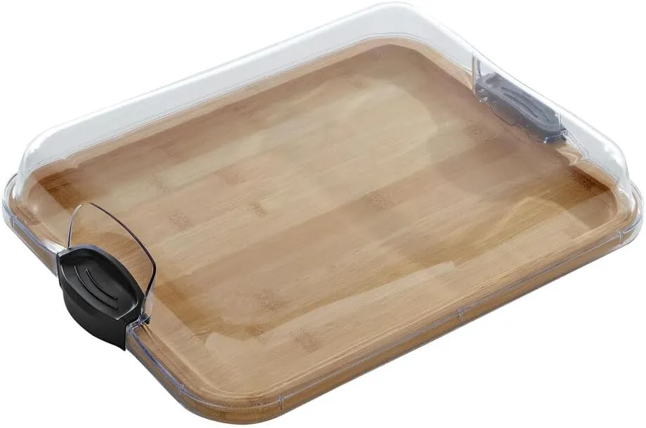 FARBERWARE Build-A-Board Bamboo Cutting Board with Clear Locking Lid and Black Handles, Perfect for Charcuterie, Snacks, and More, Single Compartment