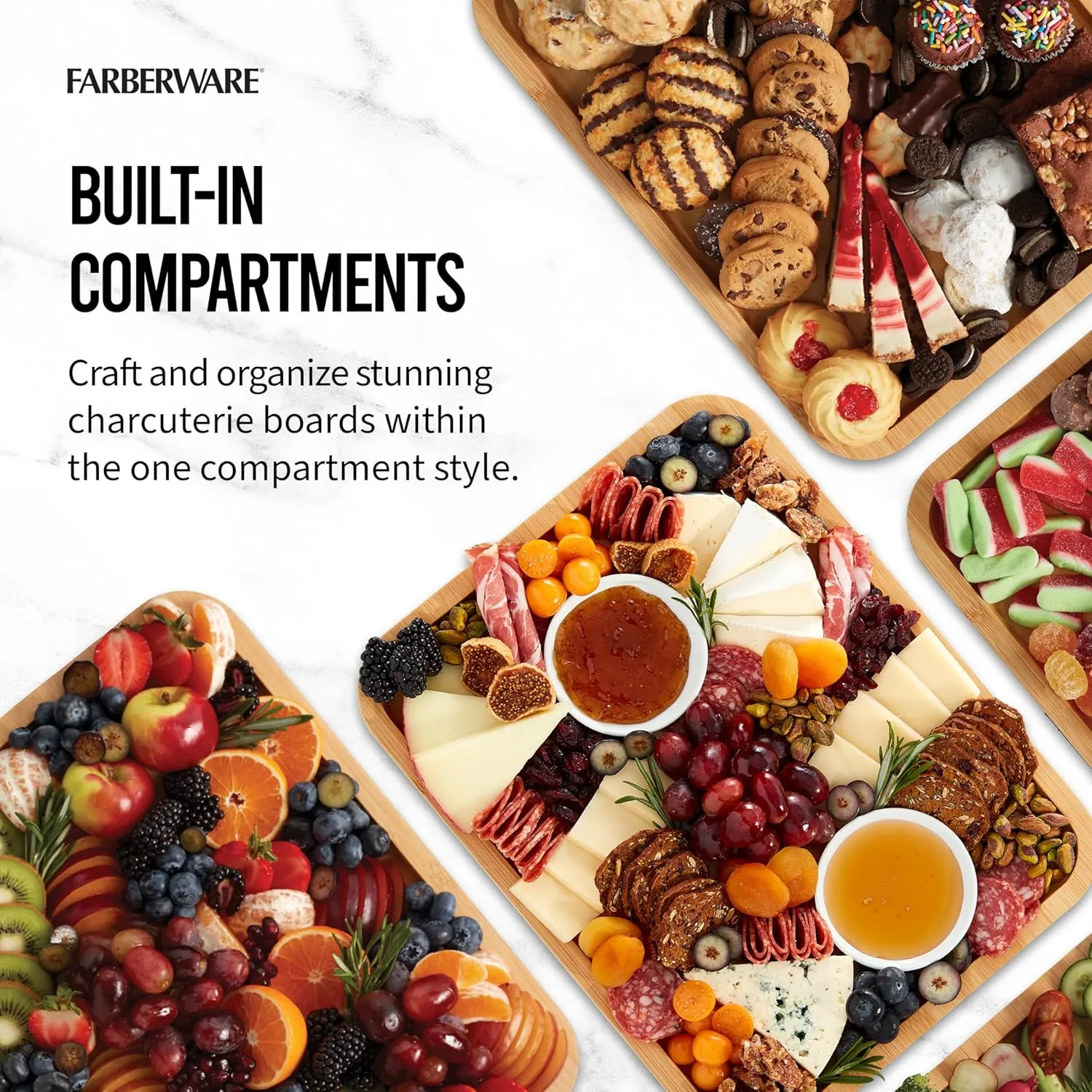 FARBERWARE Build-A-Board Bamboo Cutting Board with Clear Locking Lid and Black Handles, Perfect for Charcuterie, Snacks, and More, Single Compartment