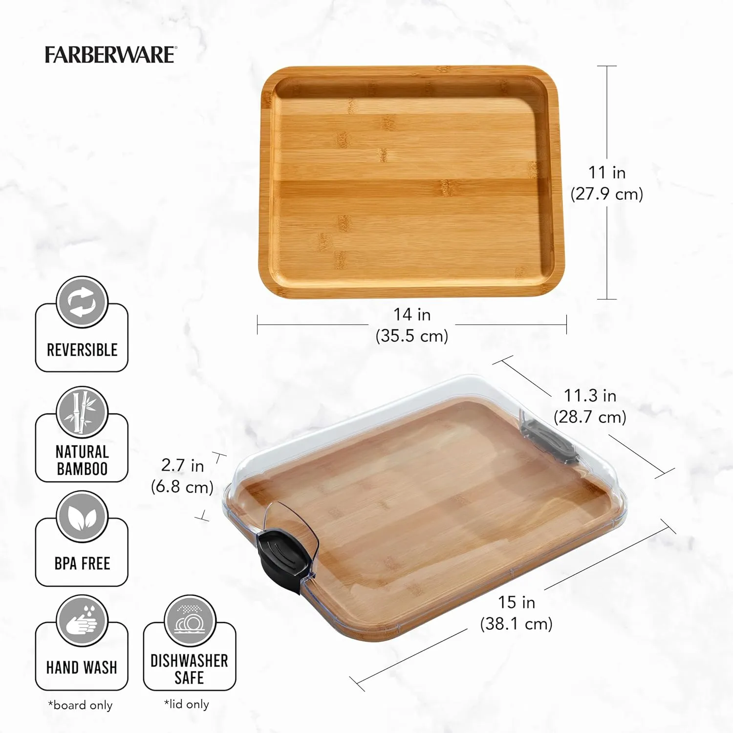 FARBERWARE Build-A-Board Bamboo Cutting Board with Clear Locking Lid and Black Handles, Perfect for Charcuterie, Snacks, and More, Single Compartment