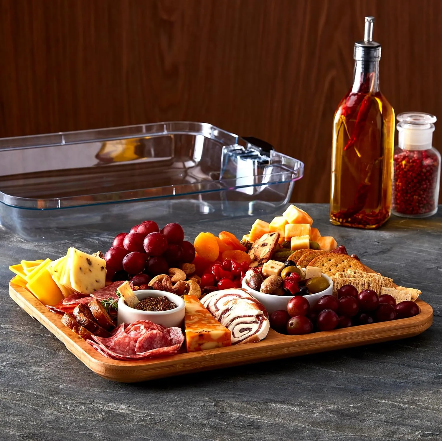 FARBERWARE Build-a-Board Cutting Board with Compartments and Clear Locking Lid for Charcuterie, Snacks, Bamboo