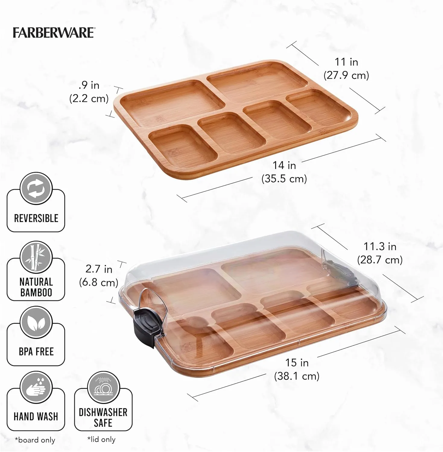 FARBERWARE Build-a-Board Cutting Board with Compartments and Clear Locking Lid for Charcuterie, Snacks, Bamboo
