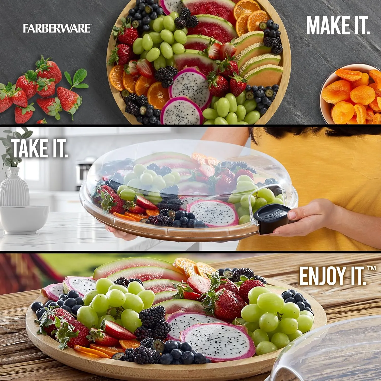 FARBERWARE Build-a-Board Cutting Board with Single Compartment and Clear Locking Lid for Charcuterie, Snacks, and More, Bamboo