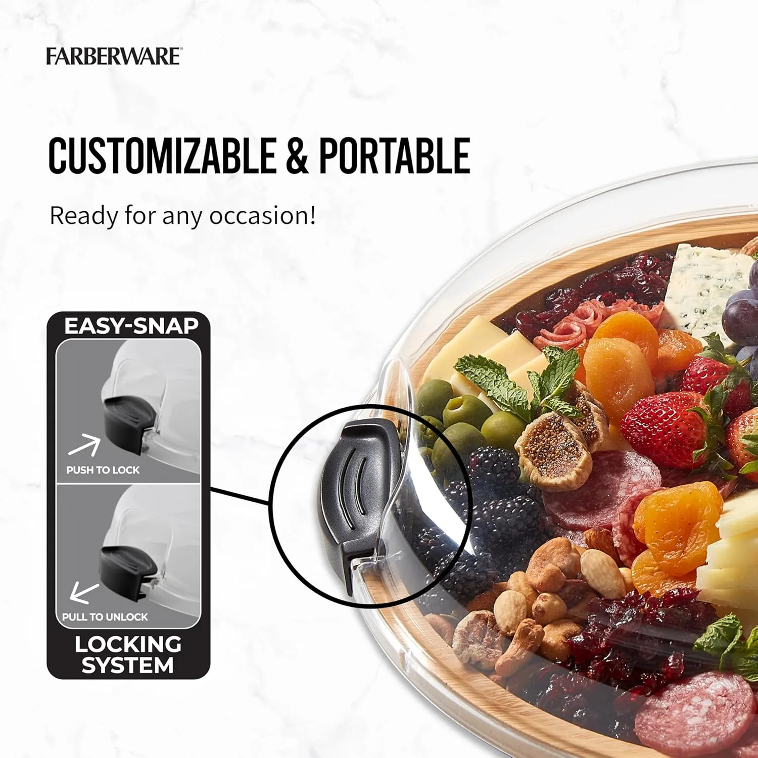 FARBERWARE Build-a-Board Cutting Board with Single Compartment and Clear Locking Lid for Charcuterie, Snacks, and More, Bamboo