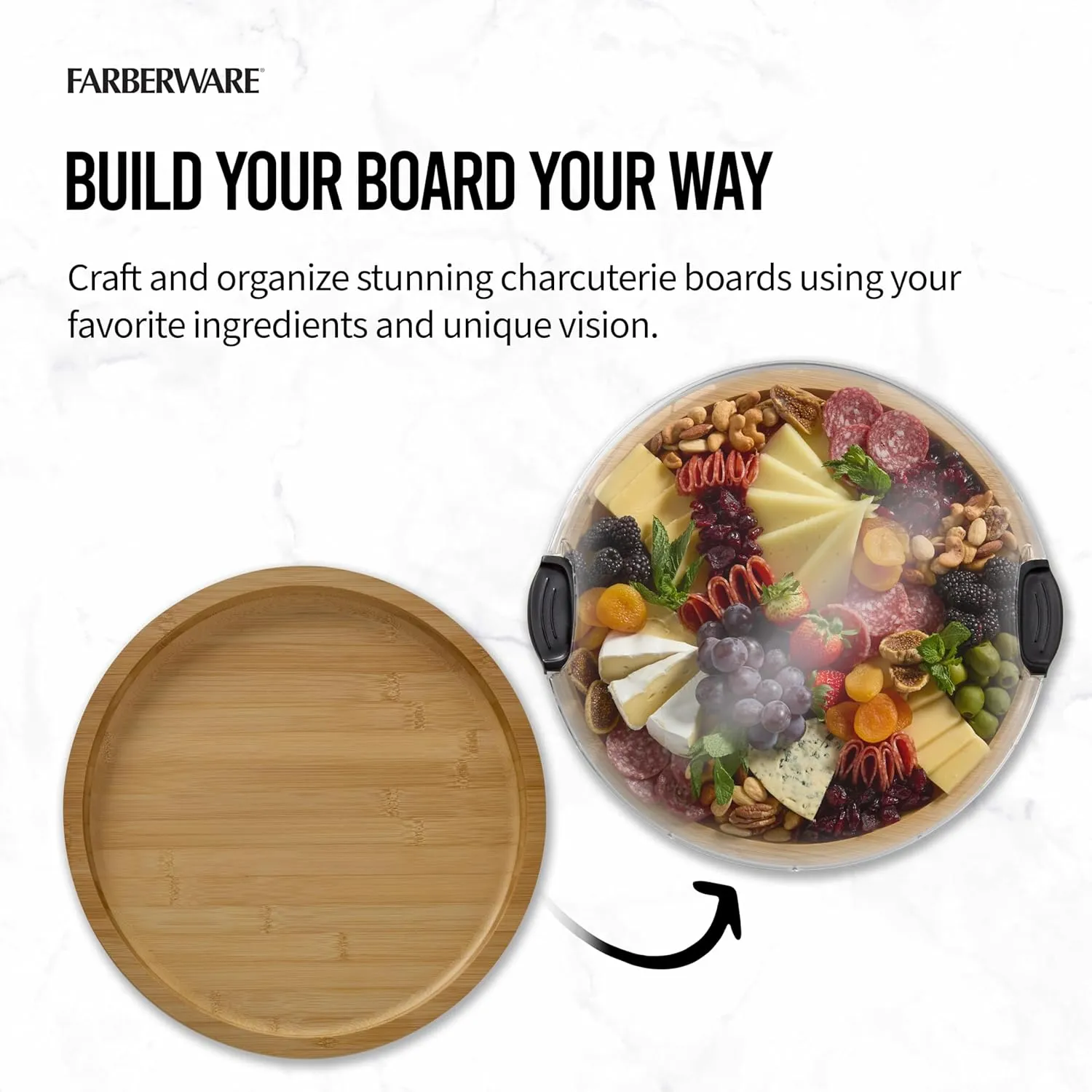 FARBERWARE Build-a-Board Cutting Board with Single Compartment and Clear Locking Lid for Charcuterie, Snacks, and More, Bamboo
