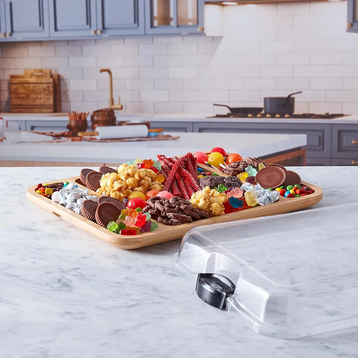 FARBERWARE Build-a-Board Cutting Board with Three Compartments and Clear Locking Lid for Charcuterie, Snacks, and More, Acacia