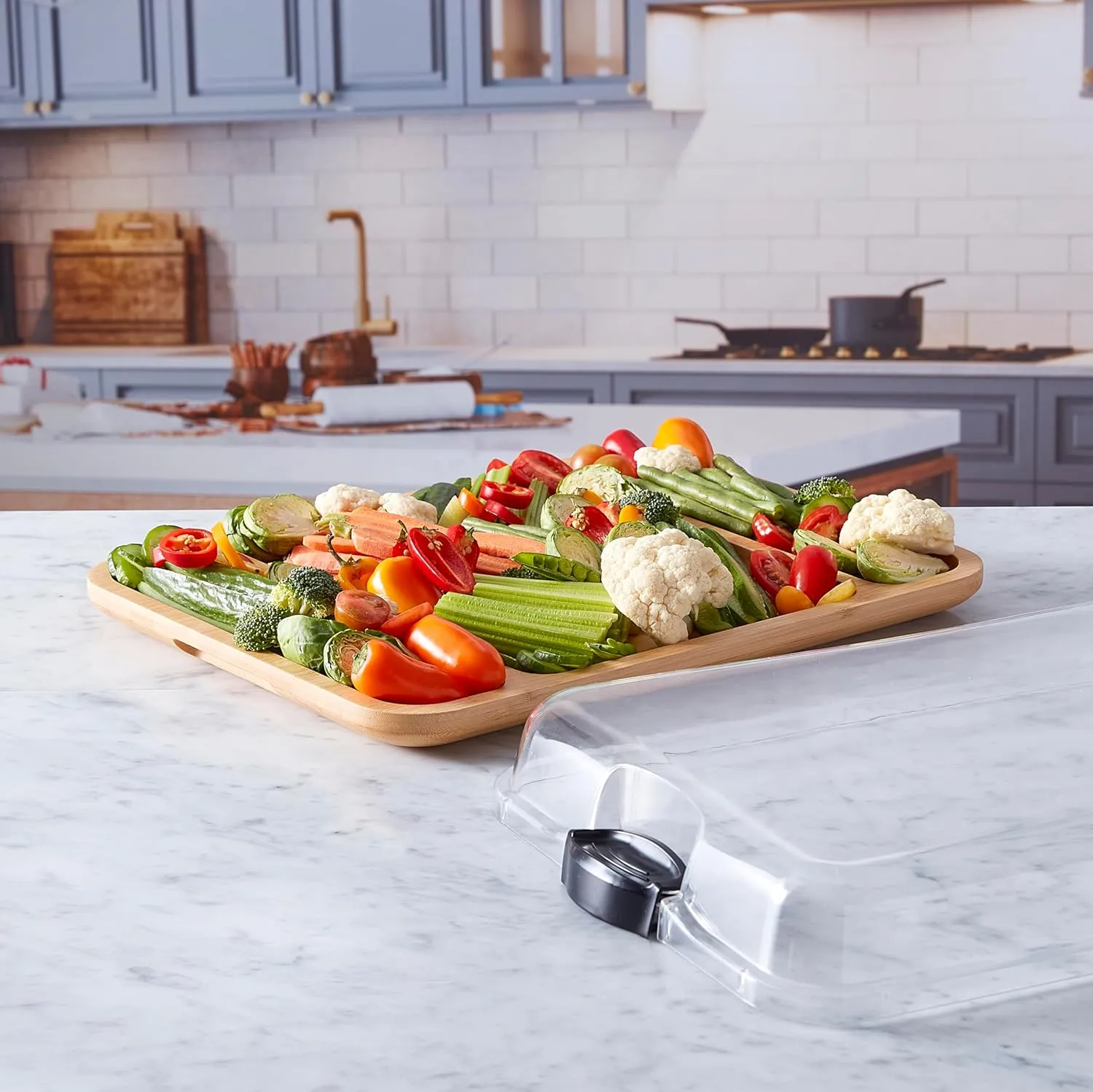FARBERWARE Build-a-Board Cutting Board with Three Compartments and Clear Locking Lid for Charcuterie, Snacks, and More, Acacia
