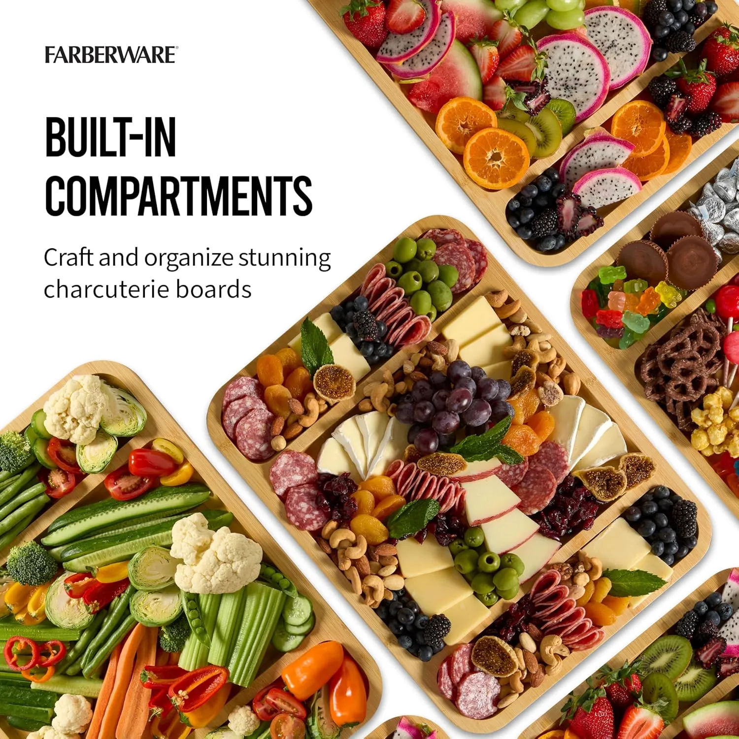FARBERWARE Build-a-Board Cutting Board with Three Compartments and Clear Locking Lid for Charcuterie, Snacks, and More, Acacia