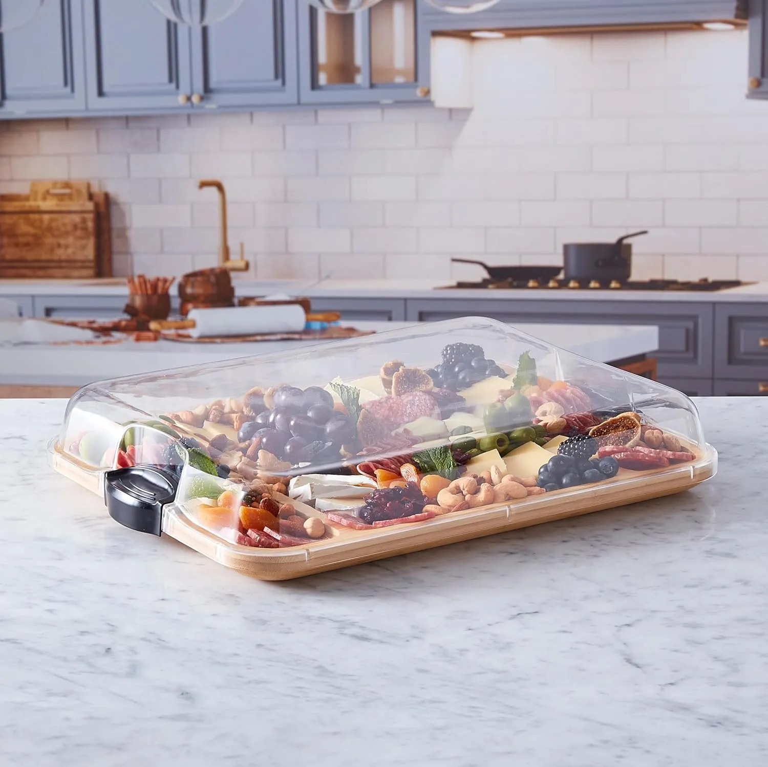 FARBERWARE Build-a-Board Cutting Board with Three Compartments and Clear Locking Lid for Charcuterie, Snacks, and More, Acacia