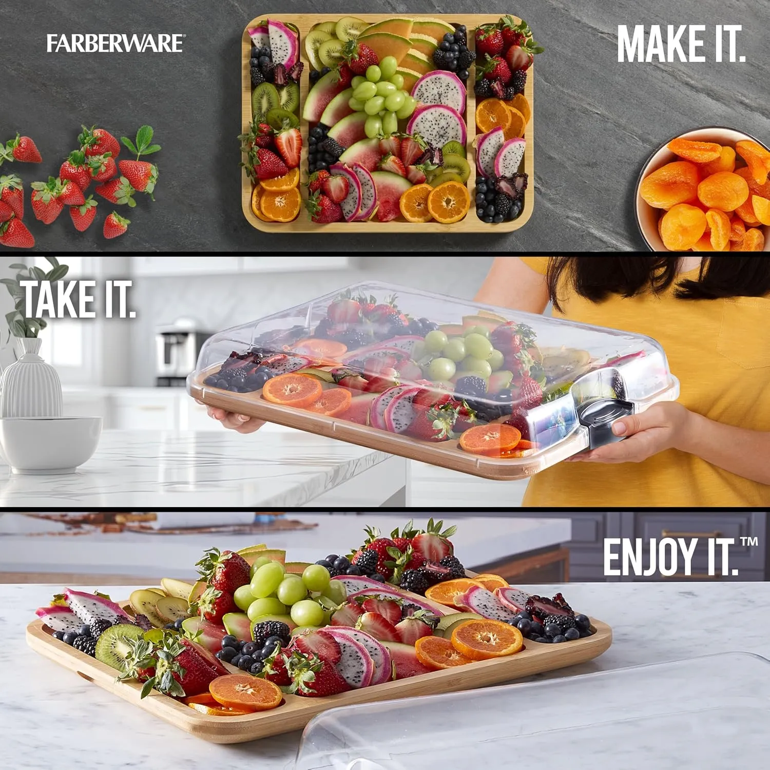 FARBERWARE Build-a-Board Cutting Board with Three Compartments and Clear Locking Lid for Charcuterie, Snacks, and More, Acacia