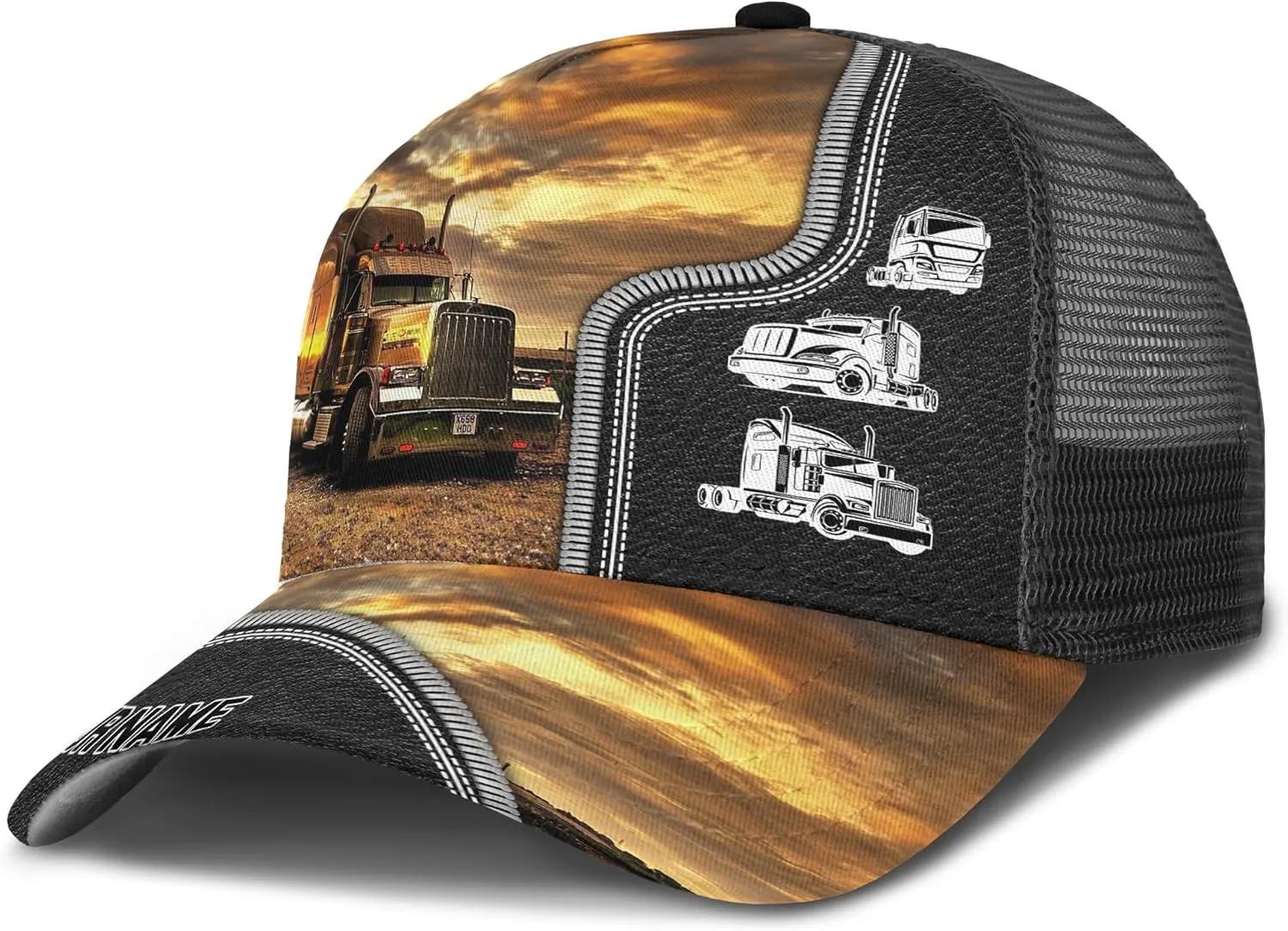Fashion Trucker Mesh Trucker Hats Personalized Semi Truck and Leather Pattern Netback Cap for Truck Driver
