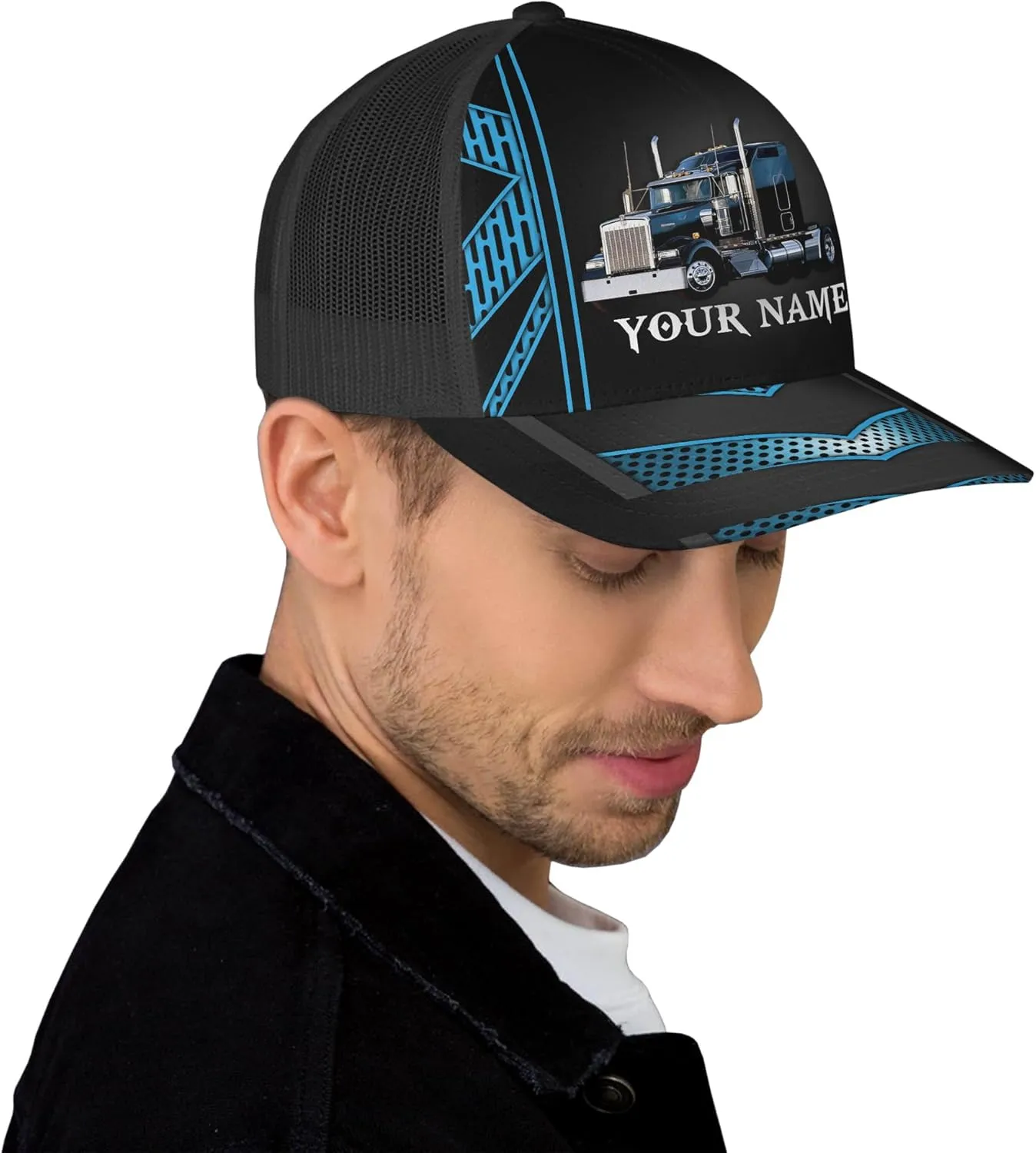 Fashion Trucker Mesh Trucker Hats Personalized Semi Truck and Leather Pattern Netback Cap for Truck Driver