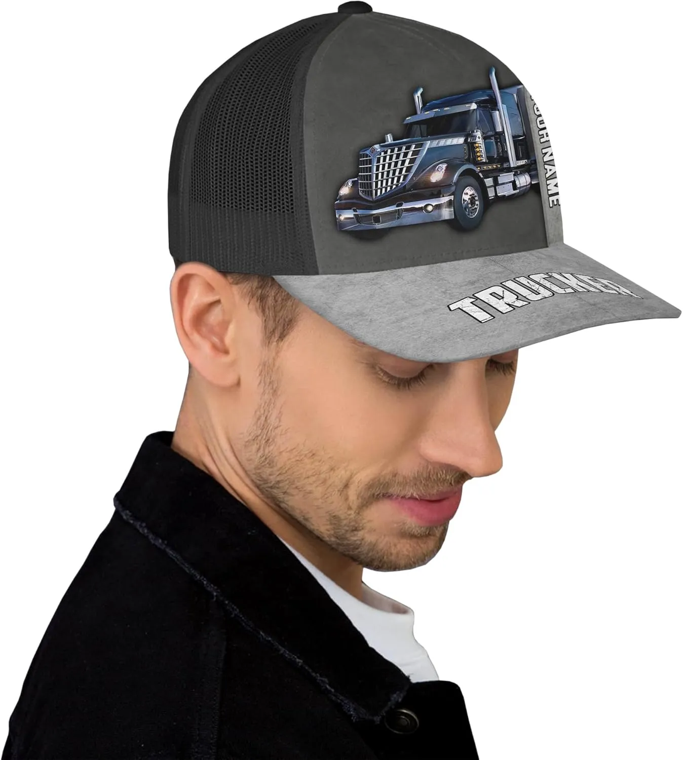 Fashion Trucker Mesh Trucker Hats Personalized Semi Truck and Leather Pattern Netback Cap for Truck Driver