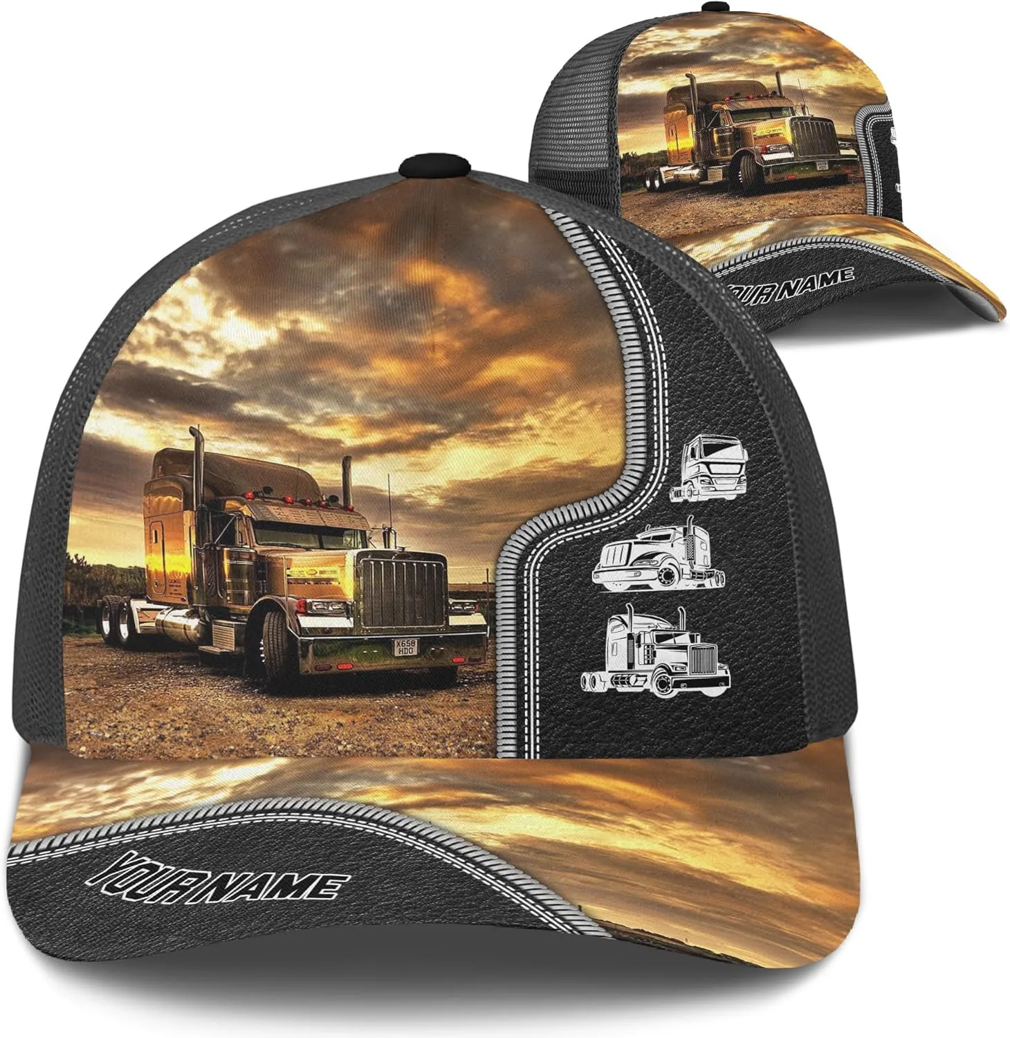 Fashion Trucker Mesh Trucker Hats Personalized Semi Truck and Leather Pattern Netback Cap for Truck Driver