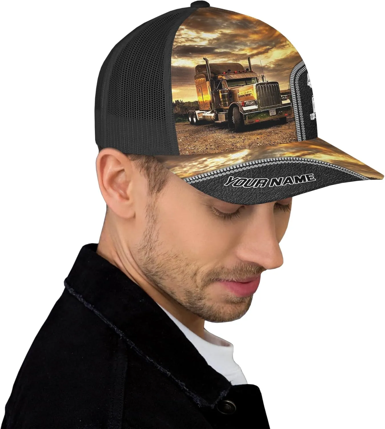 Fashion Trucker Mesh Trucker Hats Personalized Semi Truck and Leather Pattern Netback Cap for Truck Driver