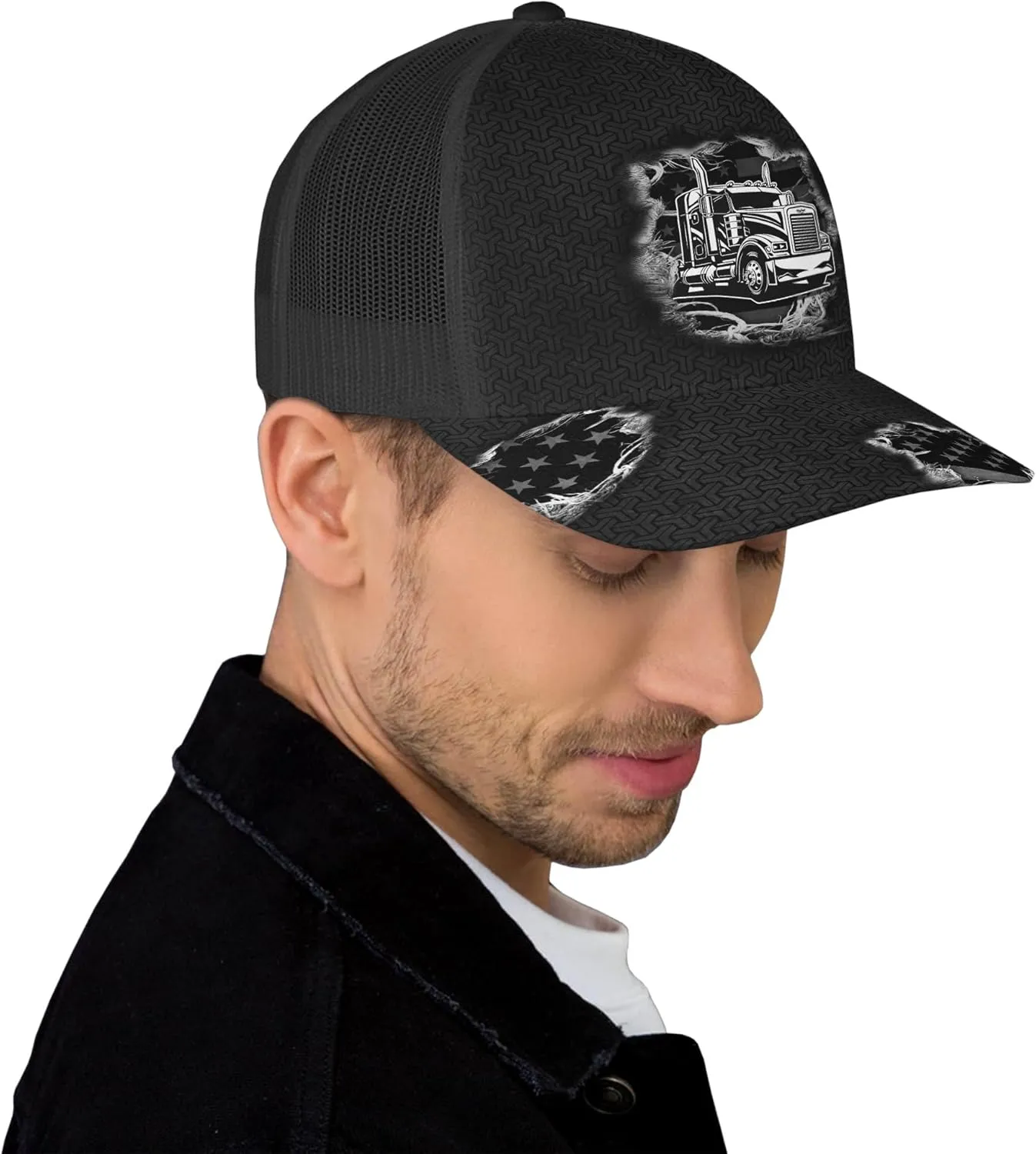 Fashion Trucker Mesh Trucker Hats Personalized Semi Truck and Leather Pattern Netback Cap for Truck Driver