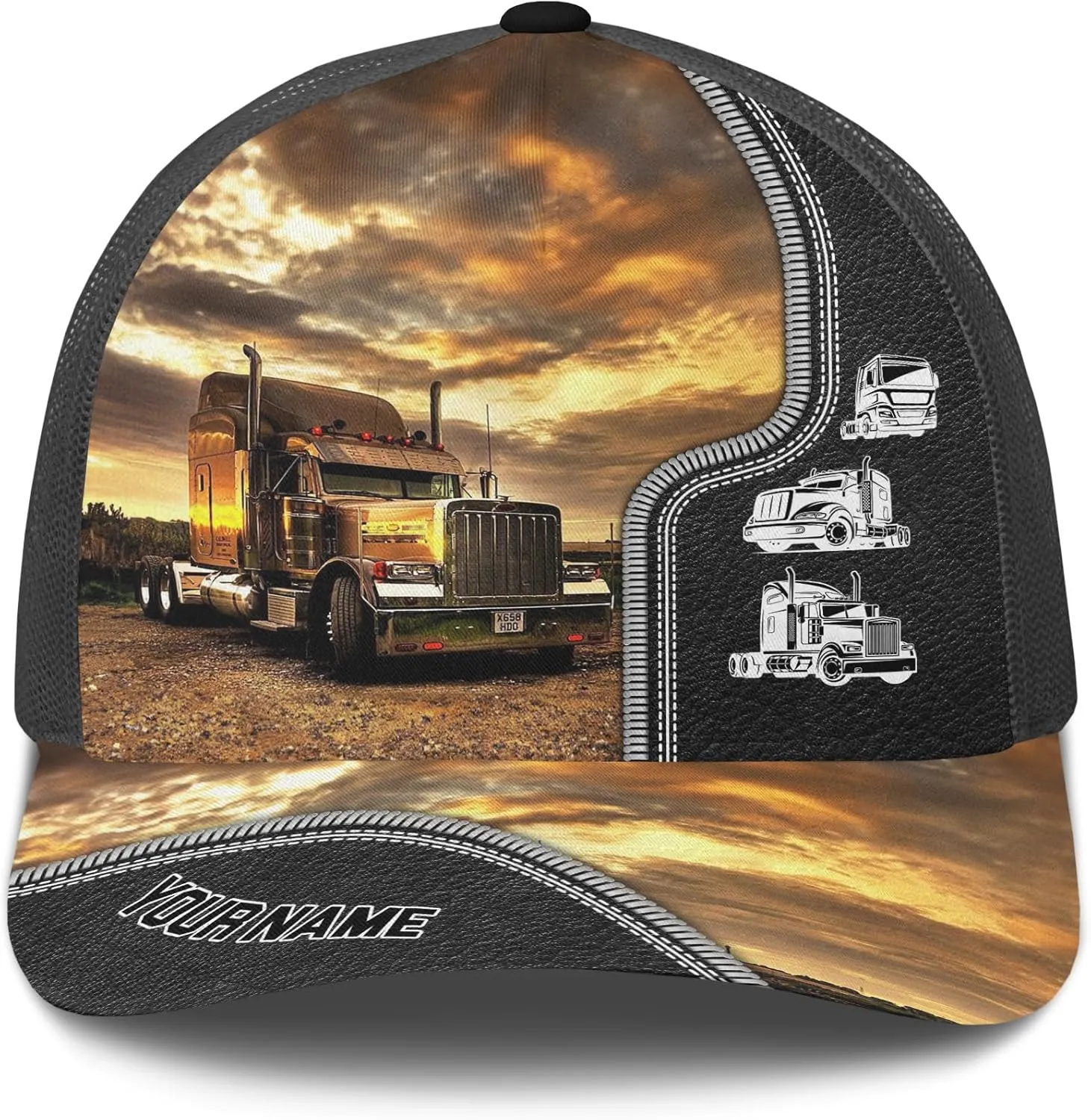 Fashion Trucker Mesh Trucker Hats Personalized Semi Truck and Leather Pattern Netback Cap for Truck Driver