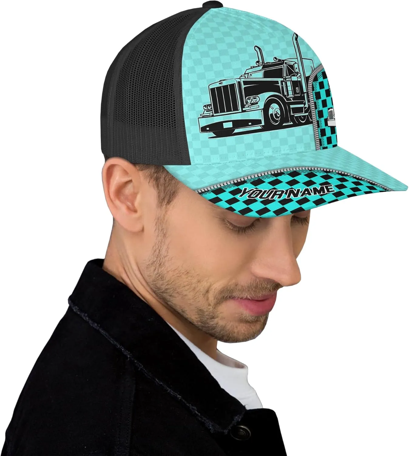 Fashion Trucker Mesh Trucker Hats Personalized Semi Truck and Leather Pattern Netback Cap for Truck Driver