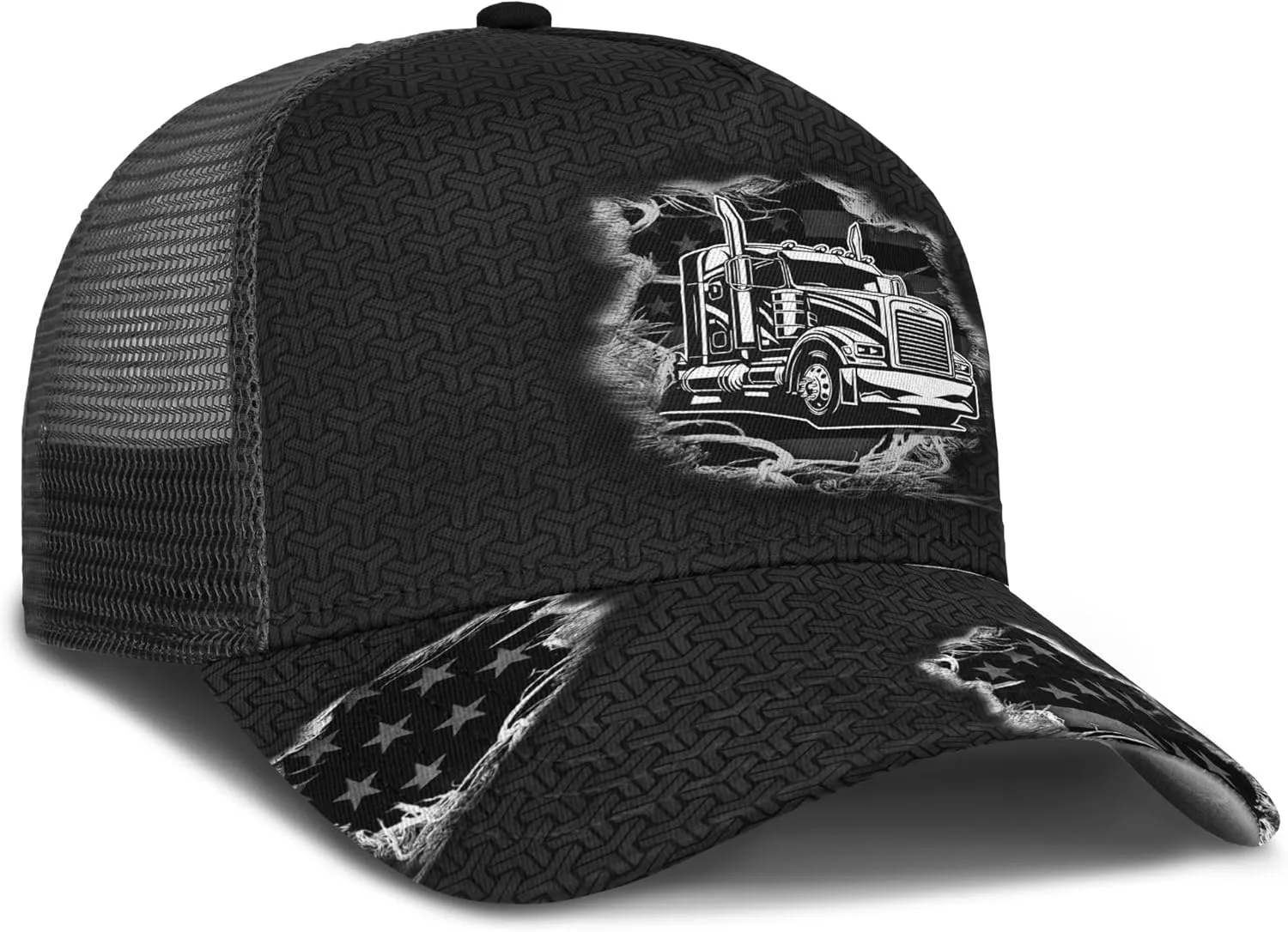 Fashion Trucker Mesh Trucker Hats Personalized Semi Truck and Leather Pattern Netback Cap for Truck Driver