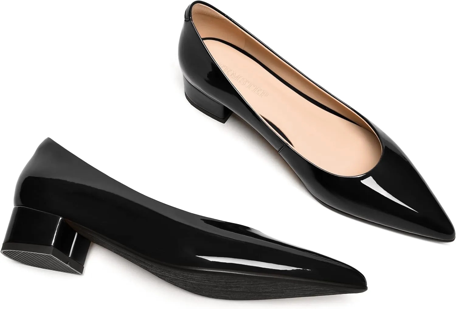 FEMSTEP Women's Low Heels Pointed Toe Casual Patent Leather Slip On Chunky Pumps Shoes 1.5 Inch