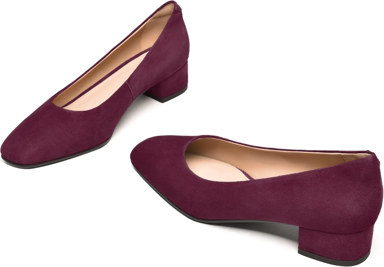 FEMSTEP Women's Low Heels Suede Leather Block Casual Square Toe Slip On Chunky Pumps Shoes 1.5 Inch