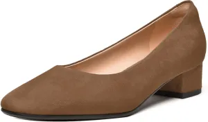 FEMSTEP Women's Low Heels Suede Leather Block Casual Square Toe Slip On Chunky Pumps Shoes 1.5 Inch