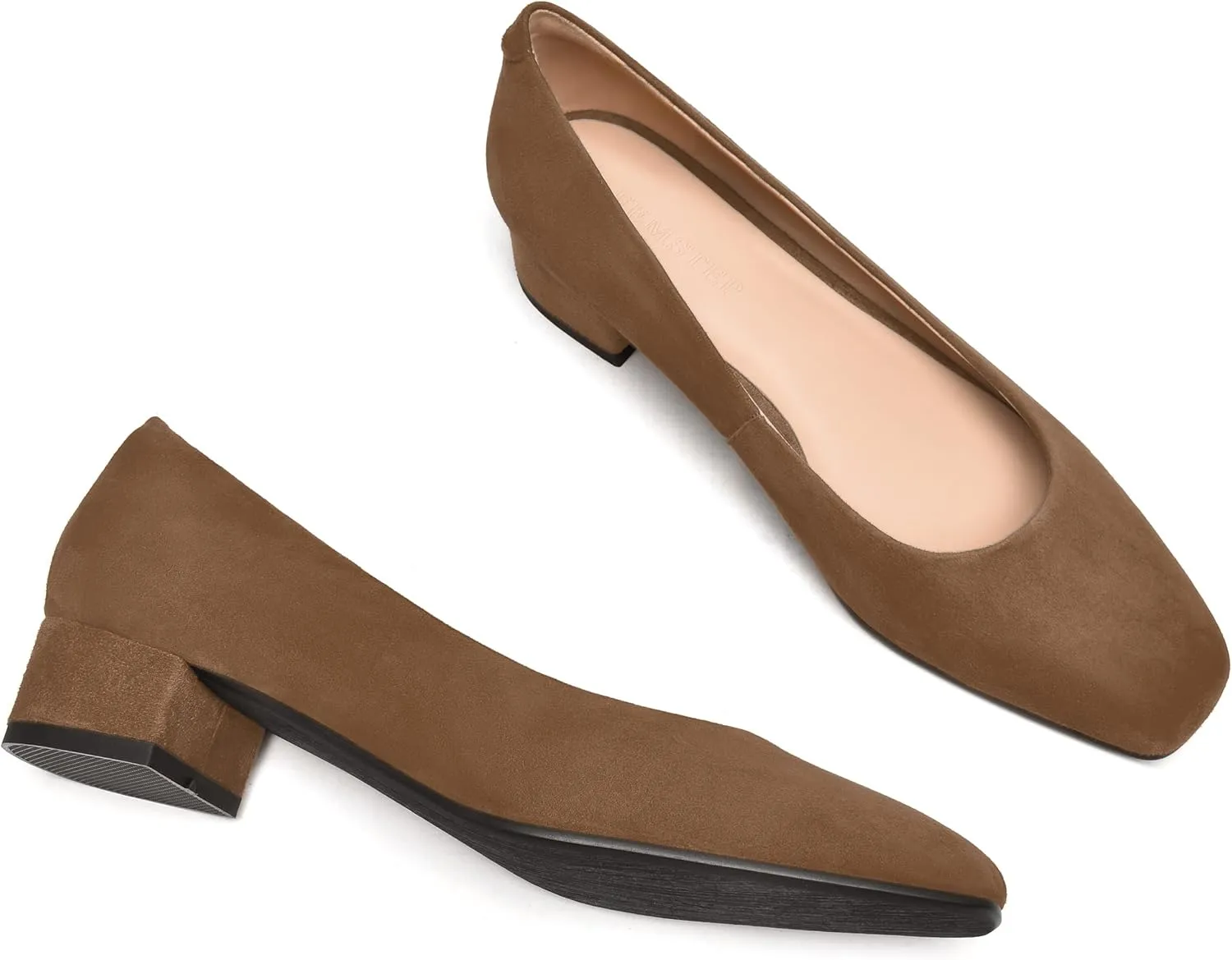 FEMSTEP Women's Low Heels Suede Leather Block Casual Square Toe Slip On Chunky Pumps Shoes 1.5 Inch