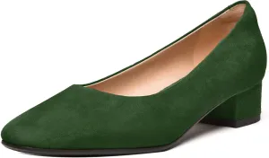 FEMSTEP Women's Low Heels Suede Leather Block Casual Square Toe Slip On Chunky Pumps Shoes 1.5 Inch
