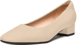 FEMSTEP Women's Low Heels Suede Leather Block Casual Square Toe Slip On Chunky Pumps Shoes 1.5 Inch