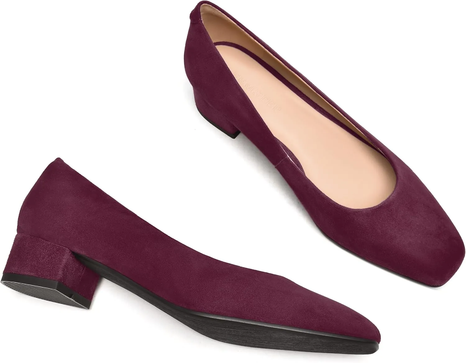 FEMSTEP Women's Low Heels Suede Leather Block Casual Square Toe Slip On Chunky Pumps Shoes 1.5 Inch