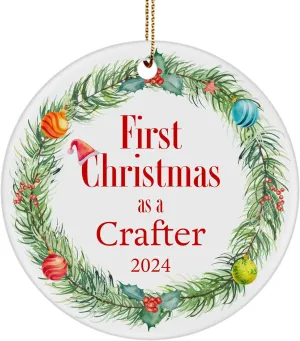 First Christmas as a Crafter 2024 Round Ornament - Green Wreath Design - Gifts for Leather Jewelry Woodcrater Lenscrafter Manager 3-inch Circle Ceramic Party Xmas New Year