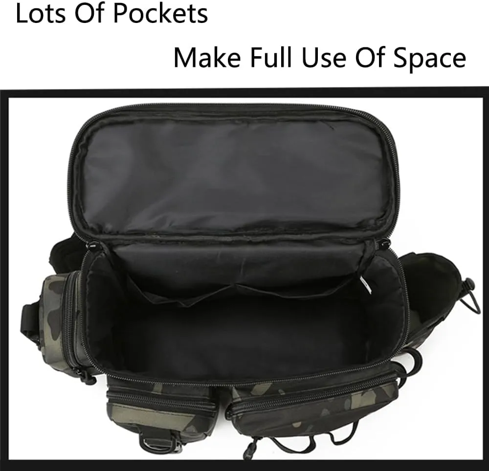 Fishing Tackle Bag Fishing Gear Storage Bag Shoulder Bag Large Capacity with Multi Pockets and Hooks Waterproof for Saltwater or Freshwater Fishing Size 16.5 * 6.7 * 8.2in, Black