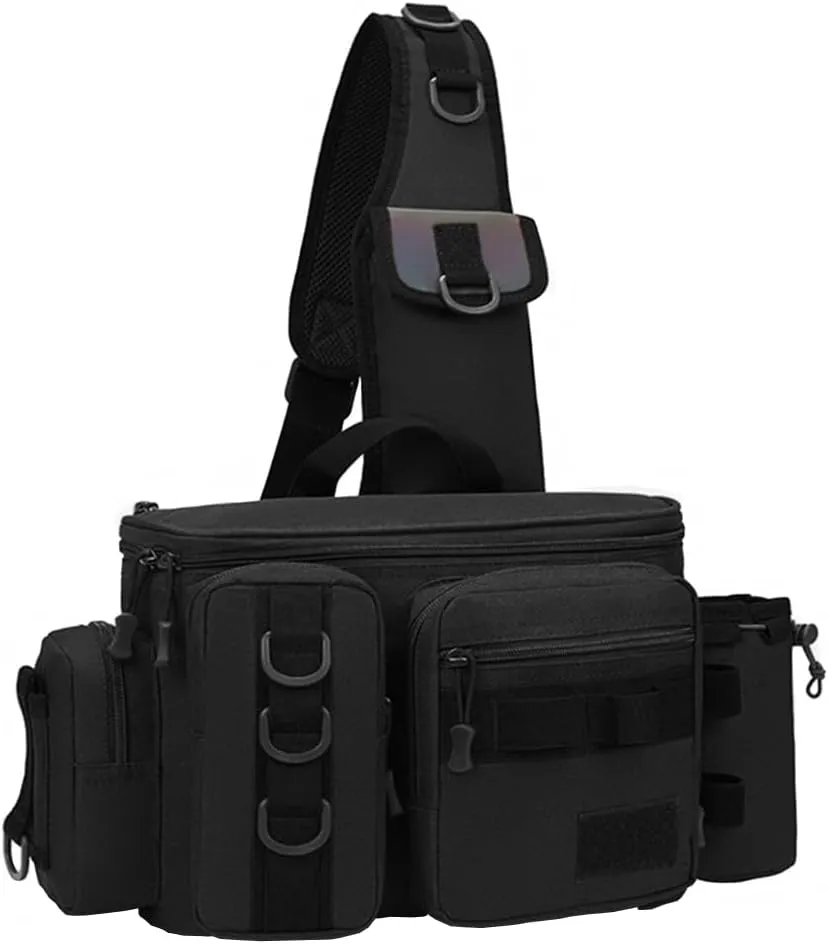 Fishing Tackle Bag Fishing Gear Storage Bag Shoulder Bag Large Capacity with Multi Pockets and Hooks Waterproof for Saltwater or Freshwater Fishing Size 16.5 * 6.7 * 8.2in, Black