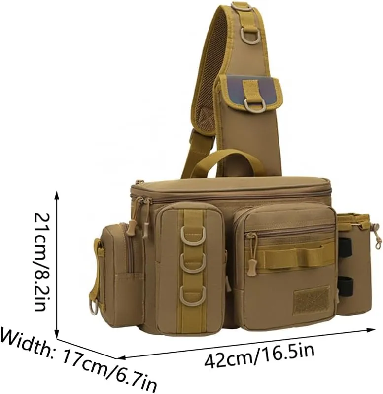 Fishing Tackle Bag Fishing Gear Storage Bag Shoulder Bag Large Capacity with Multi Pockets and Hooks Waterproof for Saltwater or Freshwater Fishing Size 16.5 * 6.7 * 8.2in, Brown