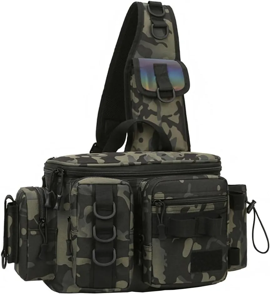 Fishing Tackle Bag Fishing Gear Storage Bag Shoulder Bag Large Capacity with Multi Pockets and Hooks Waterproof for Saltwater or Freshwater Fishing Size 16.5 * 6.7 * 8.2in, Green Camo