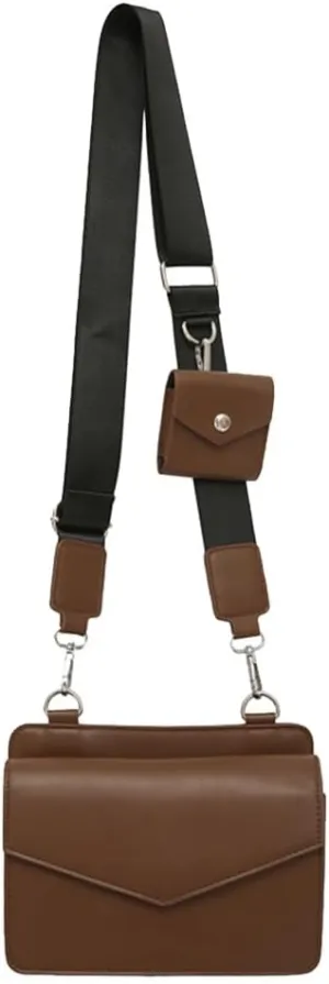 Flap Crossbody Bag PU Leather Shoulder Bag with Purse Crossbody Purse Wide Strap Sling Bag for Women Work Shopping Travel (Brown)