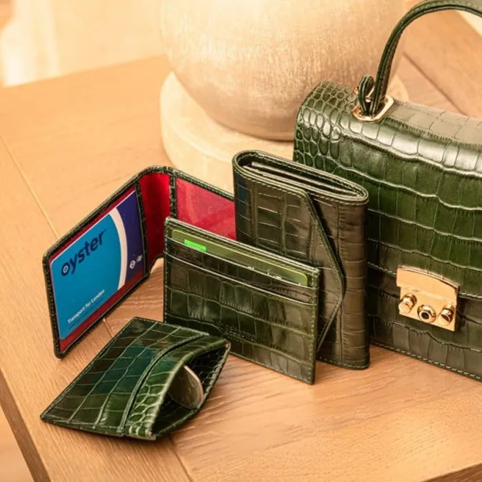 Flat Leather Credit Card Wallet With ID Window - Green Croc-Effect