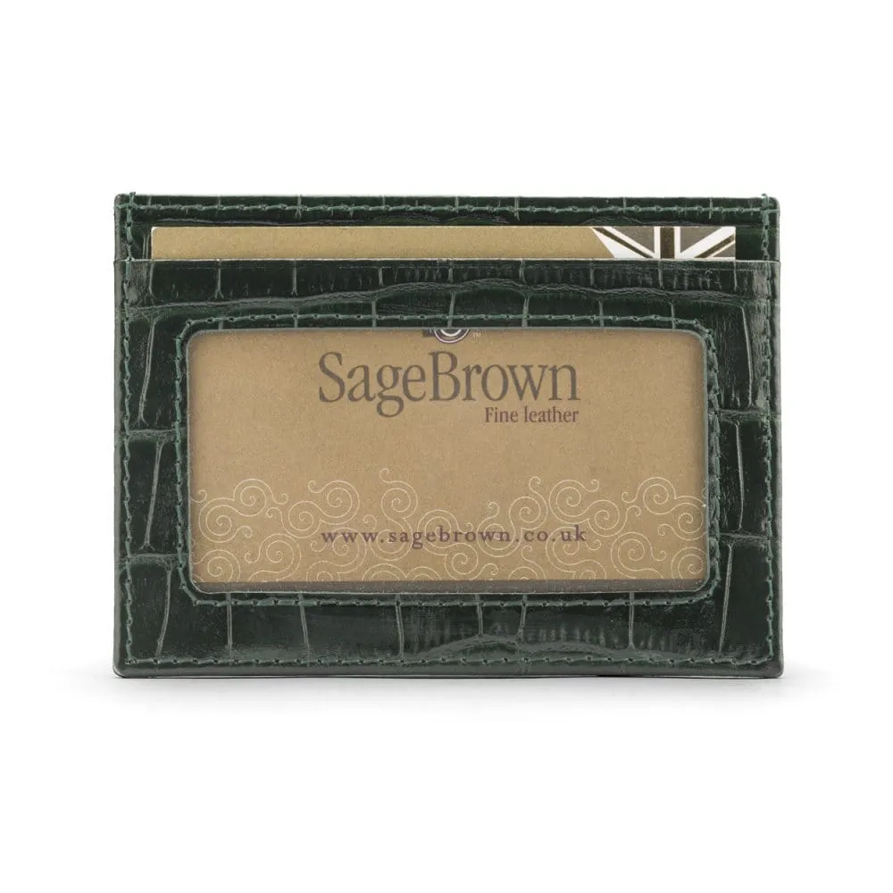 Flat Leather Credit Card Wallet With ID Window - Green Croc-Effect