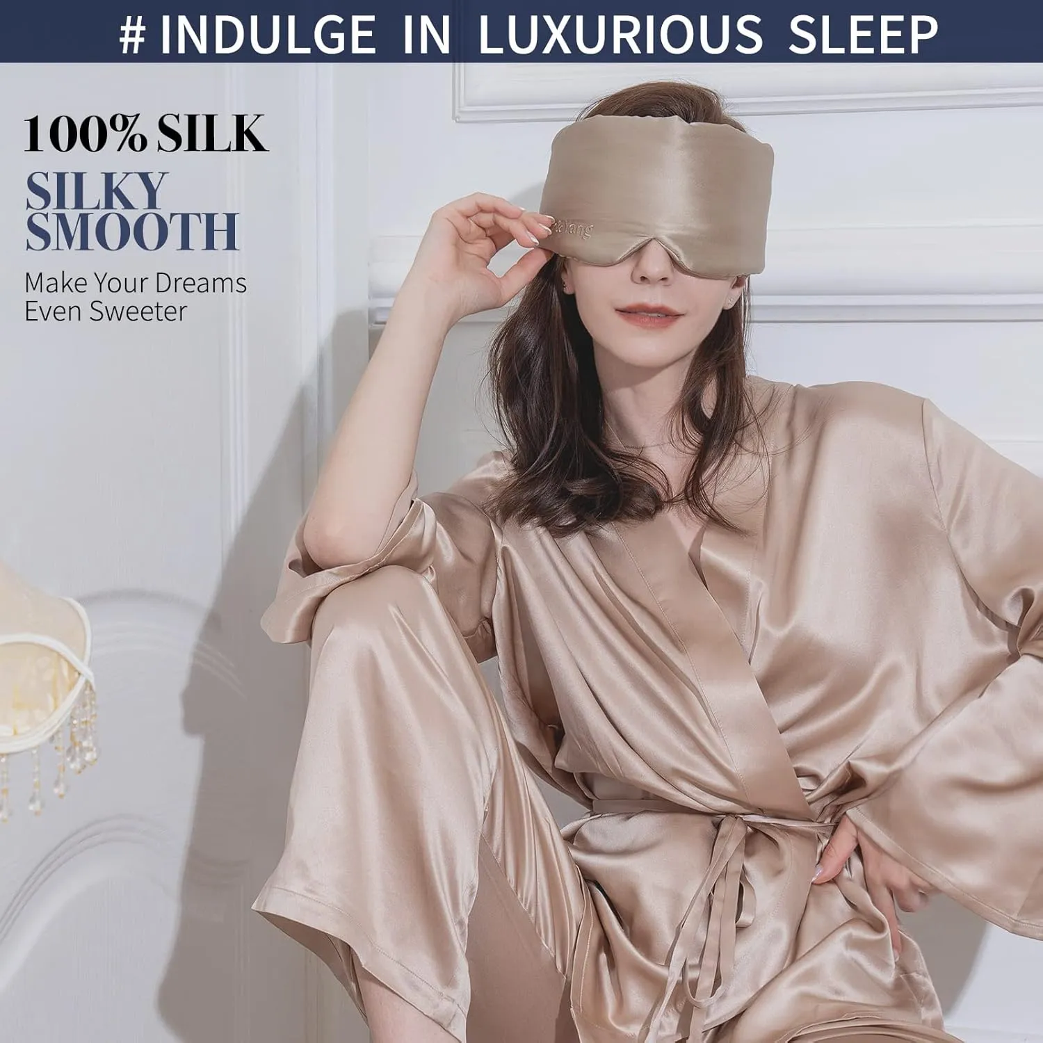 Fleur&Yang Silk Sleep Mask, Adjustable Blackout Sleeping Mask for Men Women, Soft Breathable 100% Mulberry Silk Fabric, Cooling Eye Cover Blindfold for DeepSleep or Meditation (Flax Gold)