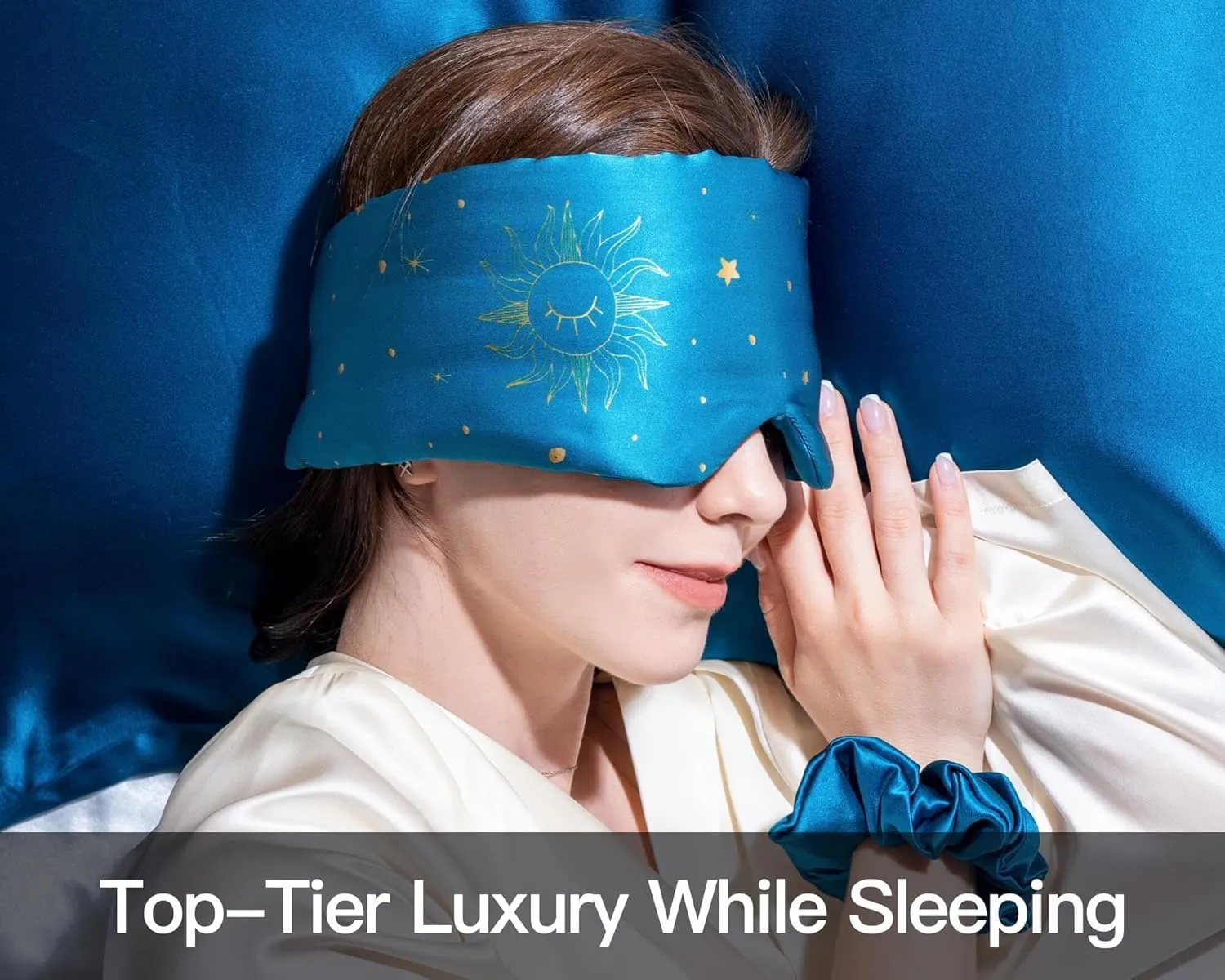 Fleur&Yang Silk Sleep Mask, Adjustable Blackout Sleeping Mask for Men Women, Soft Breathable 100% Mulberry Silk Fabric, Cooling Eye Cover Blindfold for DeepSleep or Meditation(Luna)