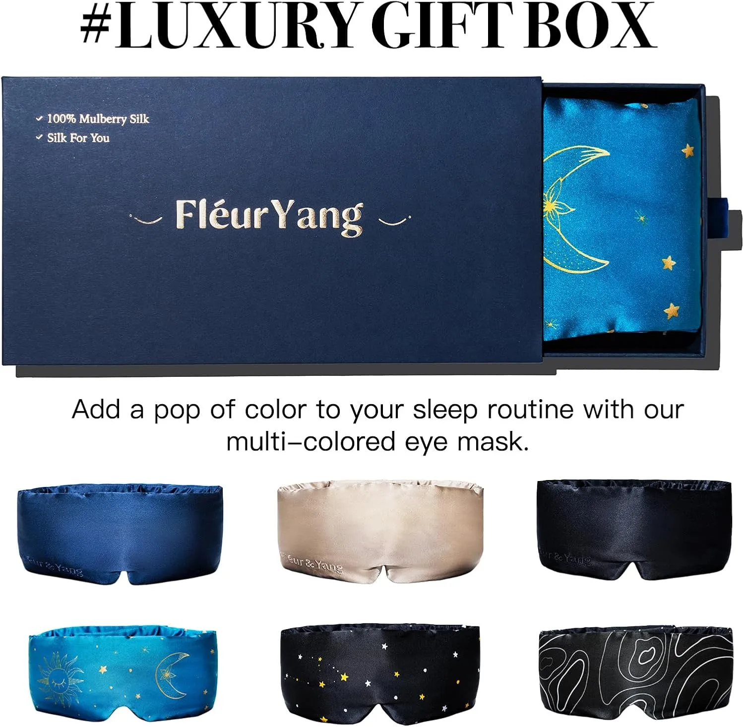 Fleur&Yang Silk Sleep Mask, Adjustable Blackout Sleeping Mask for Men Women, Soft Breathable 100% Mulberry Silk Fabric, Cooling Eye Cover Blindfold for DeepSleep or Meditation(Luna)