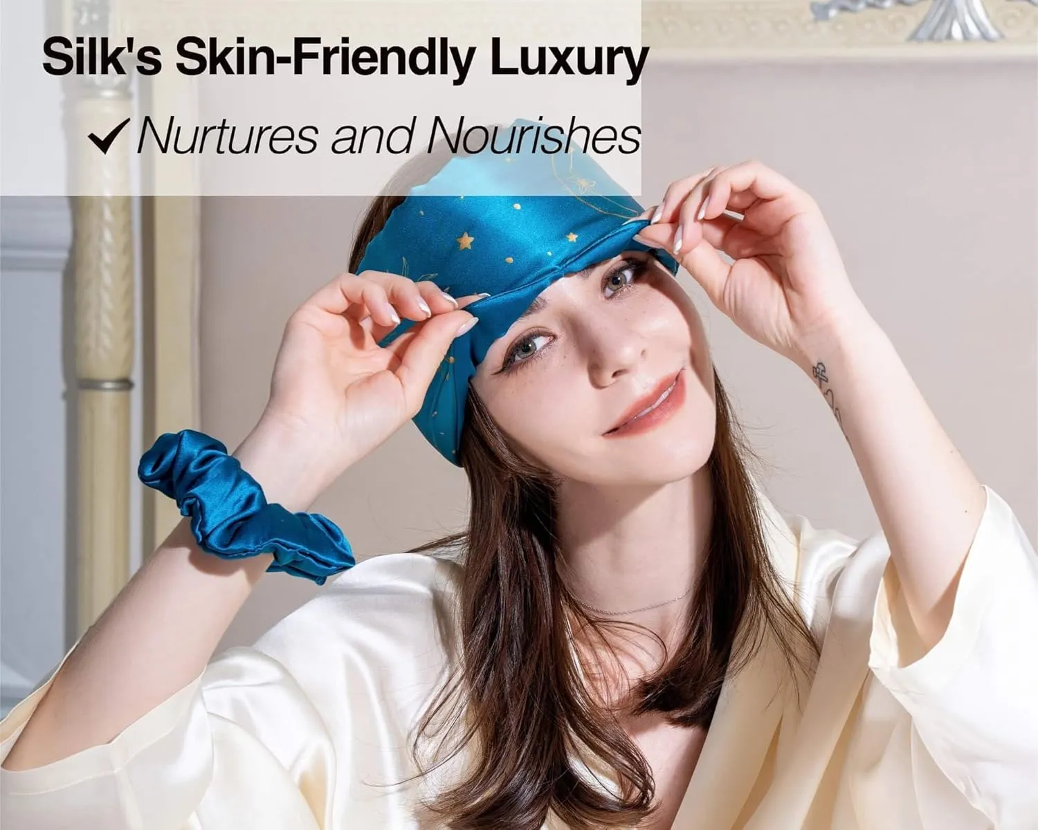 Fleur&Yang Silk Sleep Mask, Adjustable Blackout Sleeping Mask for Men Women, Soft Breathable 100% Mulberry Silk Fabric, Cooling Eye Cover Blindfold for DeepSleep or Meditation(Luna)