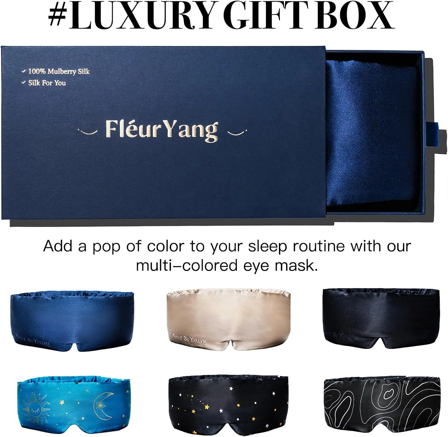 Fleur&Yang Silk Sleep Mask, Adjustable Blackout Sleeping Mask for Men Women, Soft Breathable 100% Mulberry Silk Fabric, Cooling Eye Cover Blindfold (Navy Blue)