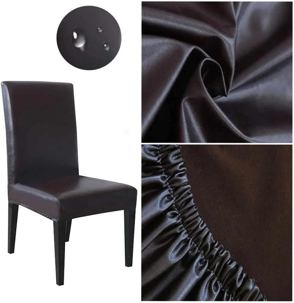 FLYPARTY Stretch Solid Pu Leather Waterproof Dining Chair Cover Slipcover Removable Washable Short Dining Chair Cover Protector Seat Solid Slipcovers for Hotel,Dining Room,Wedding (Brown, 4)